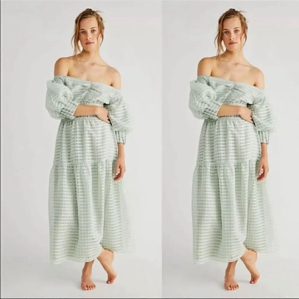 Free People - mint green Midi Dress with Puff Sleeves